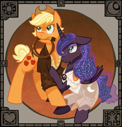 Size: 1250x1300 | Tagged: safe, artist:rivalcat, imported from derpibooru, applejack, princess luna, alternate hairstyle, clothes, crossover, female, heart eyes, indiana jones, jacket, leather jacket, lesbian, lunajack, shipping, wingding eyes