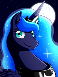 Size: 1024x1365 | Tagged: safe, artist:heart-of-a-dragoness, imported from derpibooru, princess luna, alicorn, pony, female, folded wings, jewelry, mare, moon, night, regalia, smiling, solo