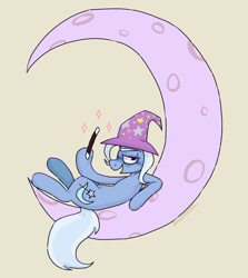 Size: 1335x1500 | Tagged: safe, artist:bunnypatrol, imported from derpibooru, trixie, pony, unicorn, clothes, crescent moon, female, hat, looking at you, magic wand, mare, moon, simple background, tangible heavenly object, trixie's hat