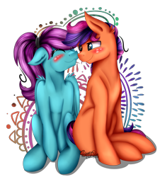 Size: 2351x2605 | Tagged: safe, artist:shamy-crist, imported from derpibooru, oc, oc only, oc:moonlight, oc:sunny salsa, earth pony, pegasus, pony, blushing, eyes closed, female, high res, male, mare, nuzzling, oc x oc, shipping, simple background, sitting, stallion, straight, transparent background