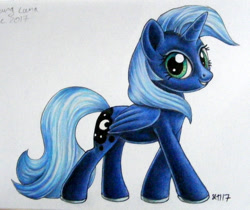 Size: 900x757 | Tagged: safe, artist:andpie, imported from derpibooru, princess luna, alicorn, pony, alternate design, cutie mark, female, folded wings, looking at you, mare, missing accessory, s1 luna, smiling, solo, traditional art, younger