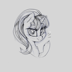 Size: 1660x1660 | Tagged: safe, artist:dapurpleheart, imported from derpibooru, starlight glimmer, pony, unicorn, bust, female, greeting, looking at you, monochrome, portrait, raised hoof, smiling, solo