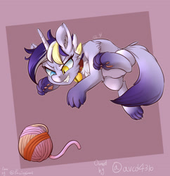 Size: 3200x3300 | Tagged: safe, artist:passigcamel, imported from derpibooru, oc, oc only, cat pony, original species, pony, unicorn, commission, female, heterochromia, mare, pounce, smiling, solo, yarn, yarn ball