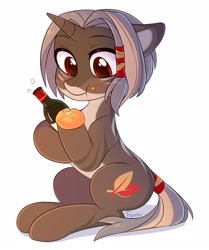 Size: 1809x2160 | Tagged: safe, artist:fensu-san, imported from derpibooru, oc, oc only, pony, unicorn, bread, eating, female, food, mare, simple background, sitting, solo, tail wrap, white background, wine bottle