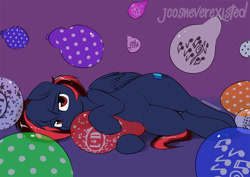 Size: 1280x905 | Tagged: safe, artist:jcosneverexisted, imported from derpibooru, oc, oc only, oc:lightning loons, pony, balloon, looking at you, lying, male, solo