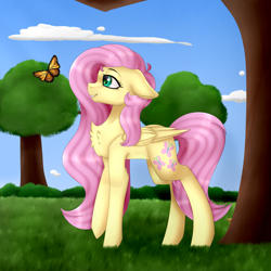 Size: 1024x1024 | Tagged: safe, artist:kremciakay, imported from derpibooru, fluttershy, butterfly, pegasus, pony, chest fluff, cloud, cute, female, floppy ears, grass, looking at something, mare, outdoors, profile, shyabetes, sky, smiling, solo, tree