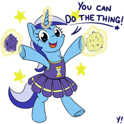 Size: 1000x1000 | Tagged: safe, artist:yakoshi, imported from derpibooru, minuette, pony, unicorn, 30 minute art challenge, bipedal, cheek fluff, cheering, cheerleader, chest fluff, clothes, cute, do the thing, female, happy, levitation, looking at you, magic, mare, minubetes, motivational, open mouth, pom pom, positive ponies, raised leg, reaction image, simple background, smiling, solo, stars, telekinesis, text, underhoof, white background