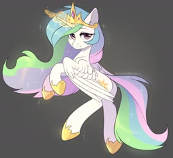 Size: 2373x2160 | Tagged: safe, artist:fensu-san, imported from derpibooru, princess celestia, alicorn, pony, crown, female, glowing horn, gray background, jewelry, mare, rearing, regalia, simple background, solo