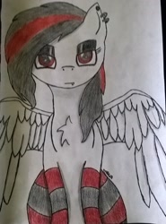 Size: 1627x2202 | Tagged: safe, artist:mlp-vampire-lover, imported from derpibooru, oc, oc only, pegasus, pony, vampire, chest fluff, clothes, drawing, ear piercing, earring, fangs, female, highlights, jewelry, lidded eyes, looking at you, mare, piercing, simple background, socks, solo, spread wings, striped socks, traditional art, white background, wings