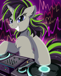 Size: 2009x2500 | Tagged: safe, artist:pridark, imported from derpibooru, oc, oc only, oc:plot frequency, pony, unicorn, chest fluff, female, mare, solo, synesthesia, turntable