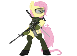 Size: 6000x4400 | Tagged: safe, artist:yognaughtsteve, imported from derpibooru, fluttershy, pegasus, pony, absurd resolution, action pose, assault rifle, badass, bipedal, body armor, boots, bulletproof vest, clothes, female, flutterbadass, gloves, goggles, gun, head turn, headset, hoof hold, katana, looking away, m16, m16a4, military, protective glasses, rifle, safety goggles, shoes, simple background, solo, standing, sword, transparent background, turned head, weapon