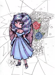 Size: 1840x2509 | Tagged: safe, artist:kimsteinandother, imported from derpibooru, princess flurry heart, human, chibi, clothes, dress, female, humanized, older, solo, traditional art, winged humanization, wings