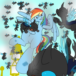 Size: 2000x2000 | Tagged: safe, artist:bennimarru, imported from derpibooru, rainbow dash, changeling, pegasus, pony, canterlot, fight