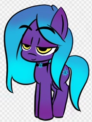 Size: 612x809 | Tagged: safe, artist:comet0ne, artist:purplehazeponydaze, imported from derpibooru, oc, oc only, oc:purple haze, earth pony, pony, abstract background, choker, digital art, drugs, female, gradient mane, lidded eyes, mare, marijuana, my little pony, sketch, smiling, solo, yellow eyes