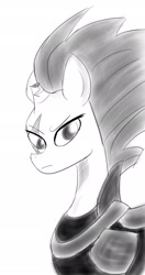 Size: 1142x2169 | Tagged: safe, artist:lobonox1313, imported from derpibooru, tempest shadow, pony, unicorn, my little pony: the movie, armor, broken horn, bust, eye scar, female, grayscale, mare, monochrome, scar, simple background, sketch, white background