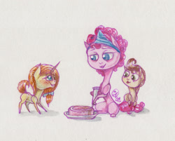 Size: 2259x1815 | Tagged: safe, artist:kimsteinandother, imported from derpibooru, pinkie pie, pound cake, pumpkin cake, pegasus, pony, unicorn, cake, colt, female, filly, food, frosting, male, simple background, traditional art