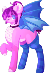 Size: 1076x1572 | Tagged: safe, artist:maximpy, artist:popcornhorns, deleted from derpibooru, imported from derpibooru, oc, oc:rose frosting, bat pony, clothes, female, mare, one eye closed, raised hoof, simple background, socks, solo, striped socks, transparent background, wink