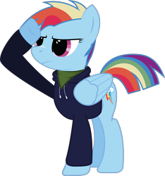 Size: 5936x6343 | Tagged: safe, artist:shadowdashthebat, imported from derpibooru, rainbow dash, pony, absurd resolution, alternate hairstyle, alternate universe, clothes, female, rainbow dash salutes, salute, simple background, solo, transparent background