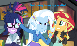 Size: 1076x644 | Tagged: safe, artist:cider-crave, artist:greenmachine987, artist:princessfireshiner, artist:themexicanpunisher, imported from derpibooru, sci-twi, sunset shimmer, trixie, twilight sparkle, equestria girls, clothes, dialogue, female, gloves, goggles, jacket, lab coat, leather jacket, lesbian, mad scientist, possessed, sci-twixie, shipping, twixie