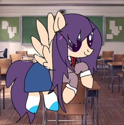 Size: 400x402 | Tagged: safe, artist:redvelvet-isanoodle, imported from derpibooru, pegasus, pony, clothes, colored pupils, doki doki literature club, female, hair over one eye, mare, ponified, skirt, solo, yuri (ddlc)