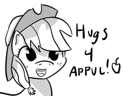 Size: 1790x1396 | Tagged: safe, artist:artiks, imported from derpibooru, applejack, earth pony, pony, apple, appul, cute, dialogue, female, food, grayscale, hugs needed, jackabetes, looking at you, mare, monochrome, simple background, smiling, solo, talking to viewer, that pony sure does love apples, white background