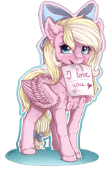 Size: 1670x2615 | Tagged: safe, artist:gaelledragons, imported from derpibooru, oc, oc only, oc:bay breeze, pegasus, pony, blushing, bow, chest fluff, cute, female, fluffy, hair bow, looking at you, mare, mouth hold, note, simple background, smiling, solo, transparent background, unshorn fetlocks