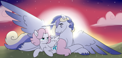 Size: 3455x1641 | Tagged: safe, artist:theroyalartofna, imported from derpibooru, oc, oc only, oc:aroha shield, oc:vivi blueblood, alicorn, pegasus, pony, alicorn oc, female, male, mare, offspring, offspring shipping, parent:fluttershy, parent:prince blueblood, parent:princess cadance, parent:shining armor, parents:blueshy, parents:shiningcadance, shipping, stallion, straight, sunset, unshorn fetlocks