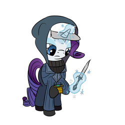 Size: 1280x1280 | Tagged: safe, artist:phat_guy, derpibooru exclusive, imported from derpibooru, rarity, pony, unicorn, brotherhood of arms, cap, clothes, crossover, dagger, enthusiast's timepiece, female, glowing horn, hat, hood, hoodie, knife, looking at something, looking down, magic, mare, melee, melee weapon, pants, raised leg, rarispy, simple background, solo, spy, standing, suit, sweater, team fortress 2, telekinesis, transparent background, turtleneck, video game, watch, weapon, wristwatch, your eternal reward