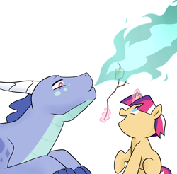 Size: 2000x1970 | Tagged: safe, artist:theroyalartofna, imported from derpibooru, oc, oc only, oc:bella sparkle, oc:sapphire, dragon, blank flank, female, filly, fire, fire breath, food, marshmallow, offspring, parent:flash sentry, parent:princess ember, parent:spike, parent:twilight sparkle, parents:emberspike, parents:flashlight, simple background, white background