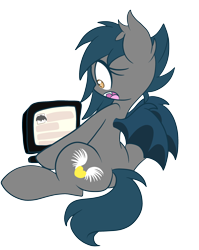 Size: 2000x2517 | Tagged: safe, artist:starlightlore, imported from derpibooru, oc, oc only, oc:speck, bat pony, batman logo, butt, computer, gasping, plot, simple background, solo, transparent background