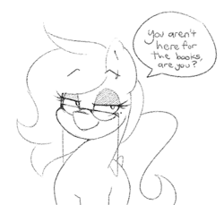 Size: 916x839 | Tagged: safe, artist:lyrabop, imported from derpibooru, oc, oc only, earth pony, pony, dialogue, eyeshadow, female, glasses, grayscale, librarian, makeup, mare, monochrome, simple background, solo, white background