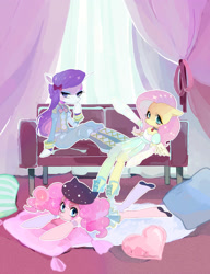 Size: 1533x2000 | Tagged: safe, artist:yam, imported from derpibooru, fluttershy, pinkie pie, rarity, anthro, earth pony, pegasus, unguligrade anthro, unicorn, arm hooves, blanket, clothes, couch, dress, female, jewelry, looking at you, necklace, pillow, trio