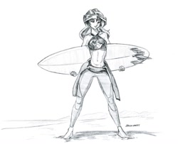 Size: 1400x1135 | Tagged: safe, artist:baron engel, imported from derpibooru, sunset shimmer, equestria girls, barefoot, beach, belly button, clothes, feet, female, grayscale, looking at you, monochrome, ocean, pencil drawing, sand, simple background, sketch, smiling, solo, surfboard, surfer, swimsuit, traditional art, wetsuit, white background