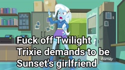 Size: 3643x2048 | Tagged: safe, edit, edited screencap, imported from derpibooru, screencap, trixie, equestria girls, equestria girls series, forgotten friendship, boots, canterlot high, clothes, exploitable meme, female, high heel boots, high heels, hoodie, image macro, implied lesbian, implied shipping, implied sunsetsparkle, implied suntrix, meme, shipping war, shoes, skirt, socks, solo, trixie yells at everything, trixie's eqg demands, vulgar