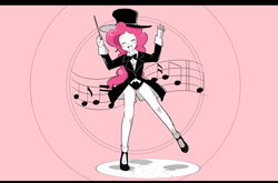 Size: 3632x2400 | Tagged: safe, artist:gyunyu, imported from derpibooru, pinkie pie, equestria girls, baton, bowtie, clothes, conductor's baton, cutie mark, eyes closed, female, hat, looking at you, music notes, shoes, simple background, suit, top hat