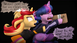 Size: 9600x5400 | Tagged: safe, artist:imafutureguitarhero, artist:little-tweenframes, deleted from derpibooru, imported from derpibooru, sci-twi, sunset shimmer, twilight sparkle, pony, unicorn, series:sciset diary, 3d, absurd resolution, adaptation, adidas, box, cheek fluff, chromatic aberration, clothes, collaboration, crying, dialogue, dress, duo, ear fluff, ear piercing, earring, equestria girls ponified, eyes closed, fangs, female, film grain, freckles, handwriting, hoodie, jewelry, lesbian, mare, open mouth, paintover, piercing, ponified, recursive fanart, scitwishimmer, shipping, simple background, source filmmaker, speech bubble, sunsetsparkle, talking, tape, tracksuit, translucent, white eyes, yelling