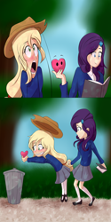 Size: 1500x3000 | Tagged: safe, artist:rmariansj, imported from derpibooru, applejack, rarity, human, blushing, book, clothes, comic, female, heart, humanized, in a heartbeat, kneesocks, lesbian, mary janes, open mouth, parody, rarijack, school uniform, shipping, shoes, skirt, socks, stockings, thigh highs, trash can