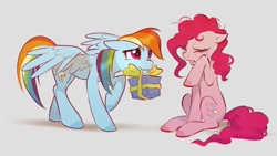 Size: 1389x785 | Tagged: safe, artist:imalou, imported from derpibooru, pinkie pie, rainbow dash, earth pony, pegasus, pony, /mlp/, comforting, crying, cute, dashabetes, diapinkes, drawthread, duo, eyes closed, female, floppy ears, gift giving, gray background, mare, mouth hold, present, raised hoof, simple background, sitting, spread wings, teary eyes, wings
