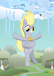 Size: 3472x4911 | Tagged: safe, artist:malte279, imported from derpibooru, derpy hooves, spitfire, pegasus, pony, cloudsdale, derpy being derpy, derpy day, derpy day 2018, derpy doing derpy things, falling, food, muffin, wing hands