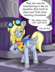 Size: 720x937 | Tagged: safe, artist:texasuberalles, imported from derpibooru, derpy hooves, pegasus, pony, award, clothes, colored hooves, derpy's sacrifice, equestrian pink heart of courage, female, goggles, looking down, mare, medal, purple heart, solo, speech bubble, story included, uniform, wonderbolt trainee uniform