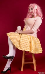 Size: 592x960 | Tagged: safe, artist:lochlan o'neil, imported from derpibooru, fluttershy, human, clothes, cosplay, costume, dress, irl, irl human, photo, pinup, sitting, socks