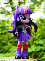 Size: 3672x4896 | Tagged: safe, artist:artofmagicpoland, imported from derpibooru, twilight sparkle, equestria girls, clothes, doll, equestria girls minis, forest, irl, leg warmers, photo, shoes, skirt, toy