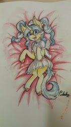 Size: 2121x3771 | Tagged: safe, artist:polakz, imported from derpibooru, oc, oc only, oc:coconut daiquiri, unicorn, bow, clothes, colored, dress, signature, solo, traditional art