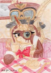 Size: 2323x3326 | Tagged: safe, artist:magnifsunspiration, imported from derpibooru, oc, oc only, oc:piquanta coffeebreak, pony, unicorn, aviator goggles, cofee, coffee, female, goggles, hat, high res, magic, mare, solo, steampunk, top hat, traditional art