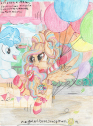 Size: 2461x3312 | Tagged: safe, artist:magnifsunspiration, imported from derpibooru, party favor, oc, oc:melassa happy-go-lucky soul, pegasus, pony, unicorn, balloon, clothes, female, high res, mare, socks, striped socks, traditional art
