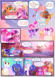 Size: 3500x4950 | Tagged: safe, artist:light262, artist:lummh, imported from derpibooru, applejack, discord, fluttershy, pinkie pie, princess celestia, princess luna, rainbow dash, rarity, twilight sparkle, twilight sparkle (alicorn), oc, oc:princess tempora, alicorn, draconequus, earth pony, pegasus, pony, comic:timey wimey, alicorn oc, cloud, comic, dialogue, female, glowing horn, magic, mane six, mare, royal sisters, smiling, speech bubble