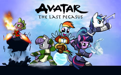 Size: 1440x900 | Tagged: safe, artist:dan232323, imported from derpibooru, maud pie, rainbow dash, shining armor, spike, twilight sparkle, twilight sparkle (alicorn), alicorn, earth pony, pegasus, pony, unicorn, avatar: the last airbender, burn, cloud, crossover, female, horn, mare, rock, scar, sky, sun, wings