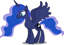 Size: 5000x3528 | Tagged: safe, artist:dashiesparkle, artist:dashiesparkle edit, edit, editor:slayerbvc, imported from derpibooru, vector edit, princess luna, alicorn, pony, .svg available, accessory-less edit, barehoof, female, looking down, mare, missing accessory, simple background, solo, spread wings, transparent background, vector, wings