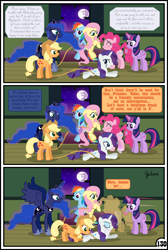 Size: 3254x4837 | Tagged: safe, artist:gutovi, imported from derpibooru, applejack, fluttershy, pinkie pie, princess luna, rainbow dash, rarity, twilight sparkle, alicorn, earth pony, pegasus, pony, unicorn, comic:why me!?, bed, broken window, comic, crying, lasso, mane six, mare in the moon, moon, rope, twilight sparkle (alicorn)