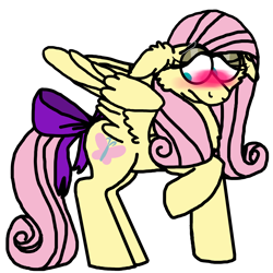 Size: 1800x1800 | Tagged: safe, artist:latiapainting, imported from derpibooru, fluttershy, pegasus, pony, blushing, bow, chest fluff, female, floppy ears, happy meal, im so sorry, mare, mcdonald's happy meal toys, no pupils, raised hoof, redraw, simple background, solo, tail bow, toy, transparent background